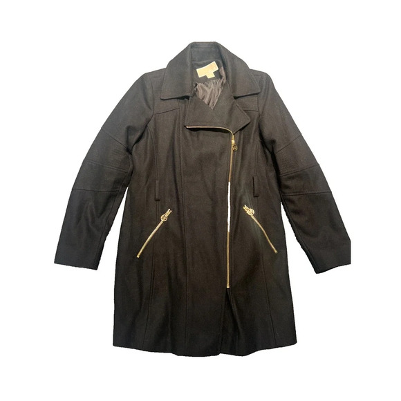 Michael Michael Kors Womens Black Wool Long Sleeve Zip Pockets Trench Coat Sz S - Picture 3 of 12